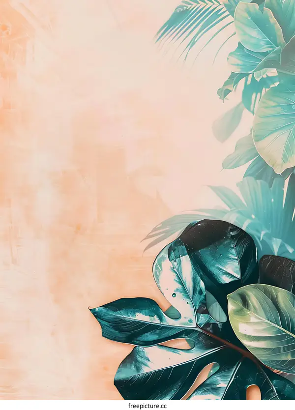 Green Tropical Leaves on Peach Background