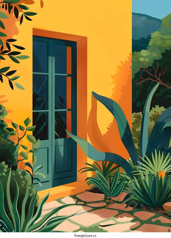 Yellow House With Green Door And Tropical Plants Illustration