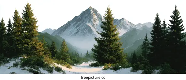 Snowy Mountain Scenery with Coniferous Trees