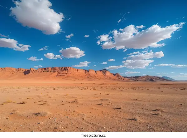 A vast desert landscape with a large rock formation in the distance