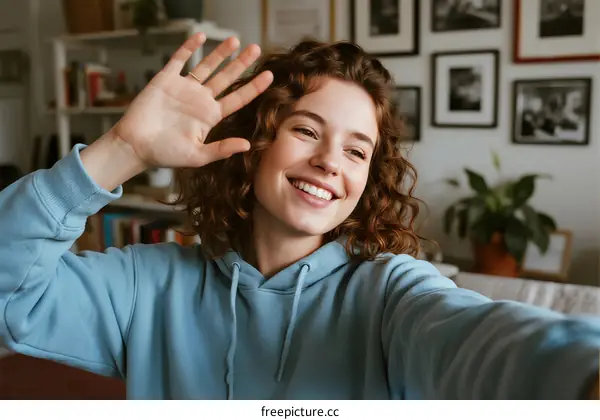 Happy young woman waving hand while taking a selfie at home