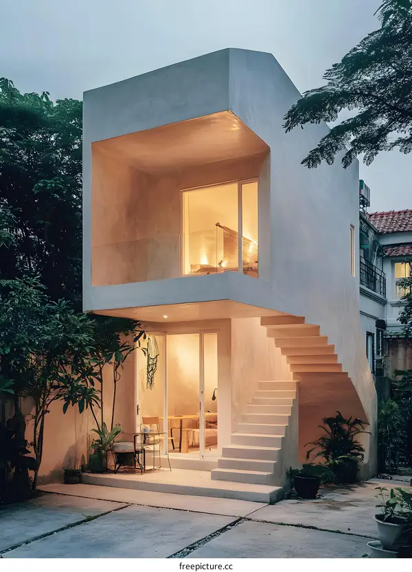 Modern Minimalist Concrete House with Outdoor Patio and Stairs