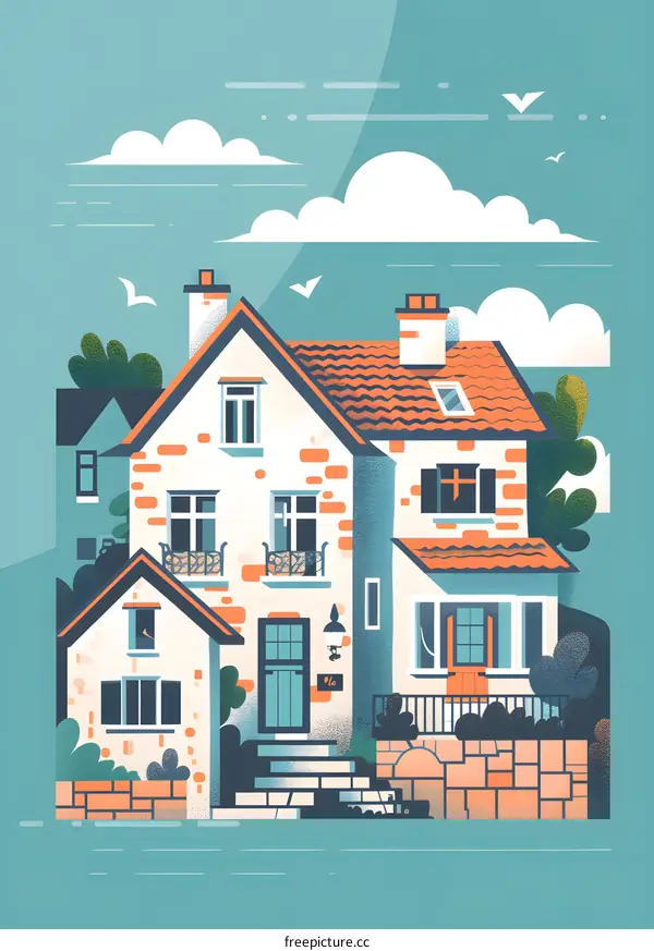 Cute Illustration of a Two Story House with a Red Roof