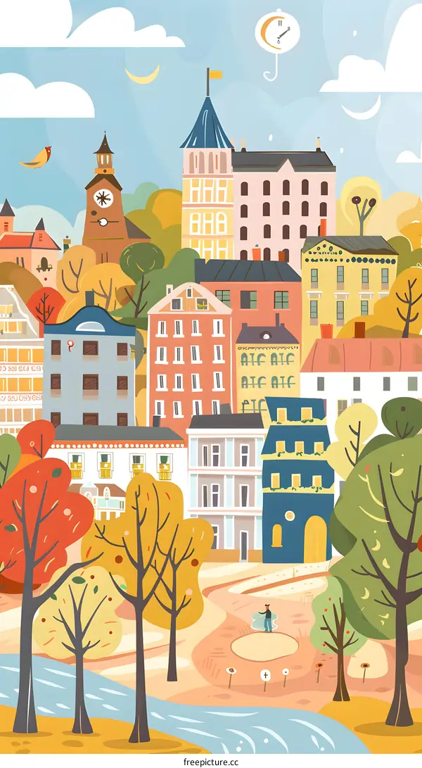 Cute Cartoon Cityscape Illustration with Buildings, Trees and River