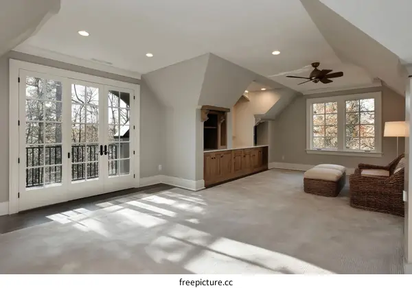 Modern Loft Room with Large Windows and Cozy Seating Area