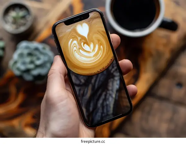 Close Up Of A Hand Holding A Phone Displaying A Latte Art