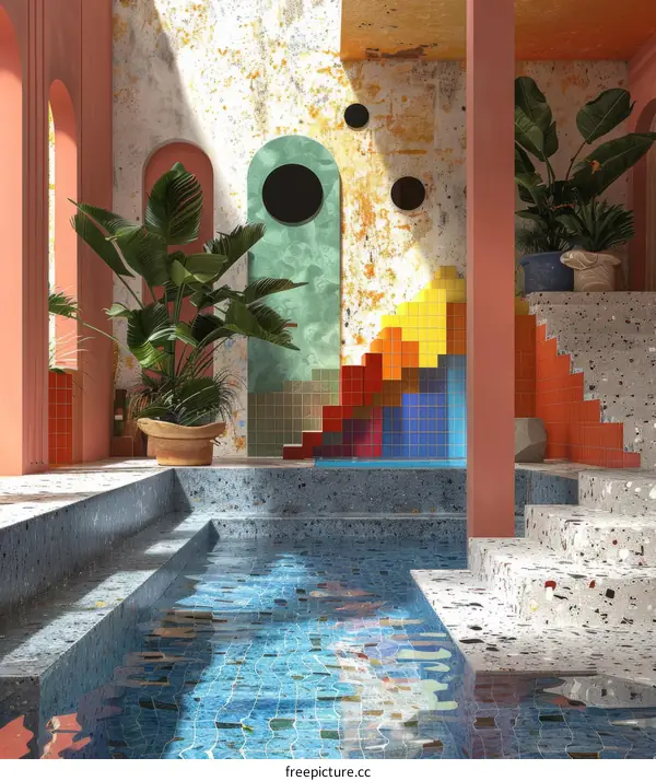 stairs and colorful mosaic tiles in a swimming pool
