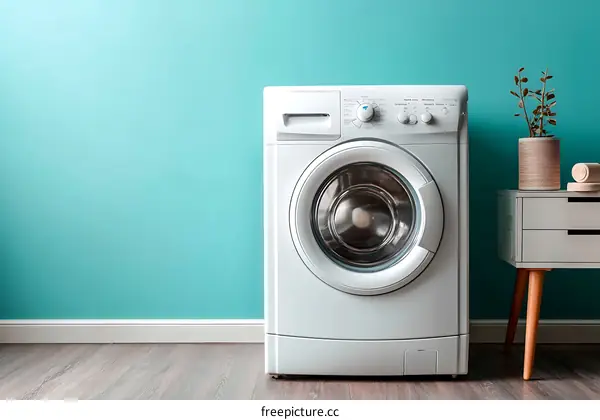 Modern White Washing Machine in a Teal Room