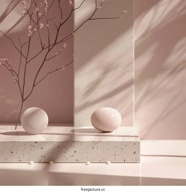 Minimalist Marble Podium with Pink and White Spheres