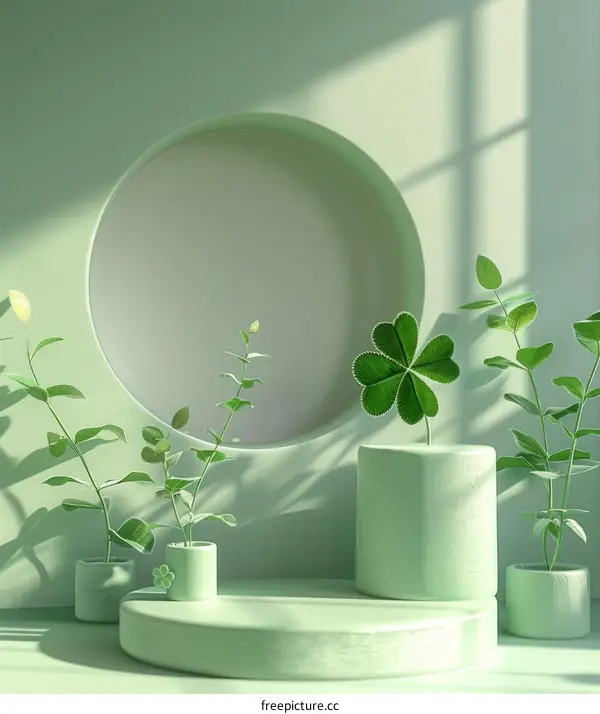 Green plants and four leaf clovers on podium with round window in background