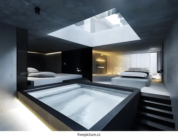 Modern Minimalist Concrete Bathroom Design with Jacuzzi and Skylight