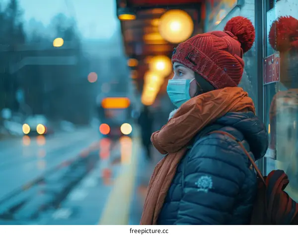 A woman wearing a mask is waiting for a bus in the rain