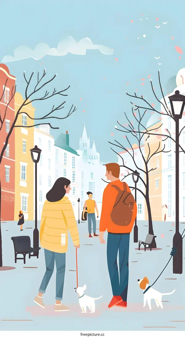 Couple Walking with Their Dogs on a City Street Illustration