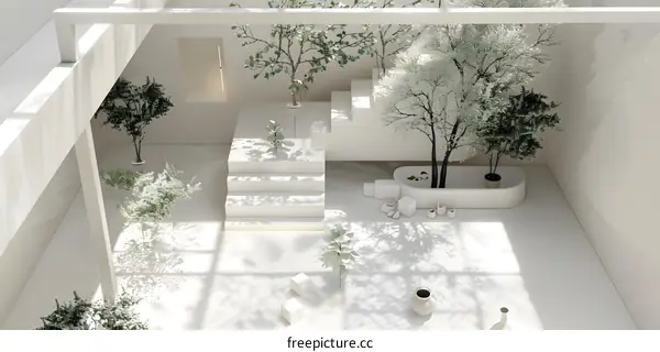 Minimalist White Interior Design with Trees and Stairs
