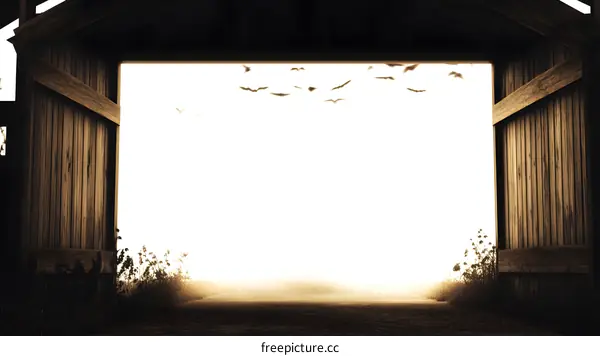 Open Wooden Barn Door With Birds Flying