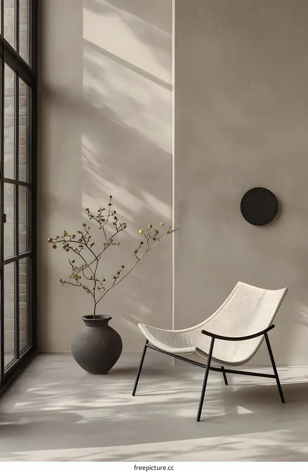 Minimalist Interior Design with Beige Walls and a White Chair