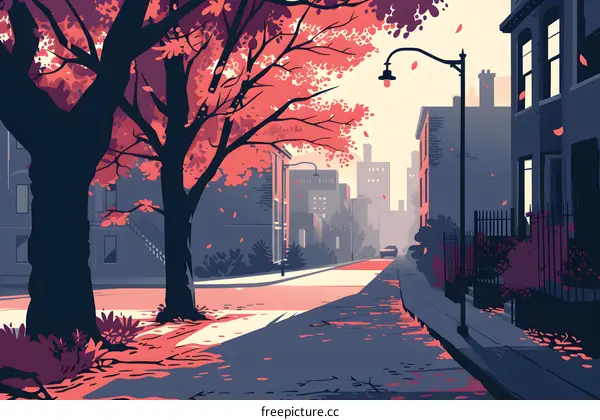 Autumn Street Scene With Falling Leaves And Buildings