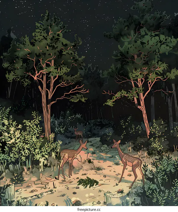 Forest Illustration with Deers under the Stars