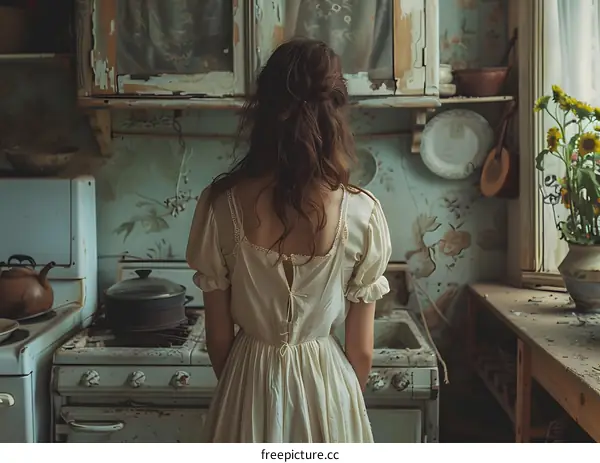 A woman standing in a kitchen