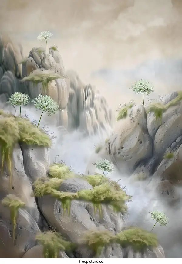 Fantasy Landscape with White Flowers and Fog
