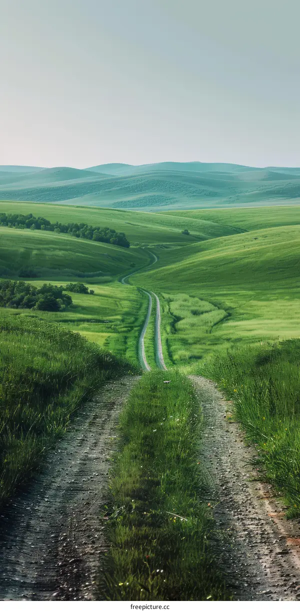 Countryside dirt road through green rolling hills