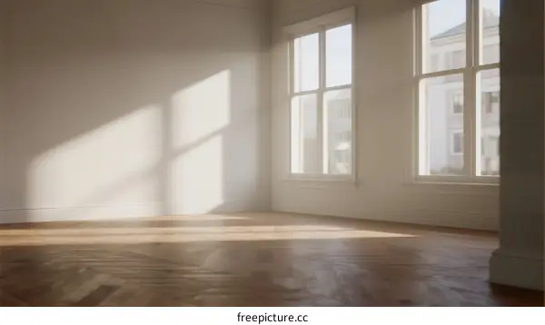 Empty room with wooden floor and large windows letting in sunlight