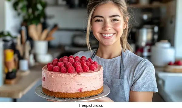 Woman Presenting a Delicious Raspberry Cake