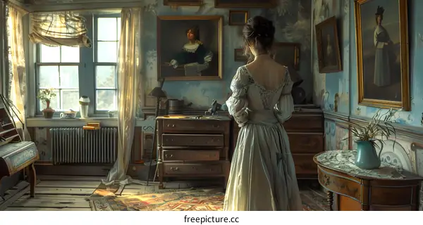 Lady in historical dress standing in a room full of paintings