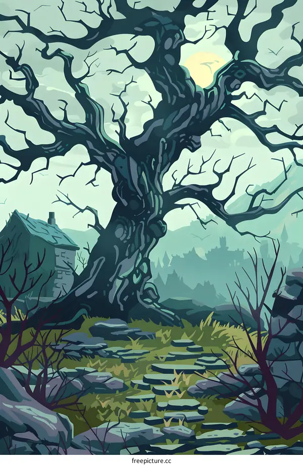 Ancient Tree in a Fantasy Landscape Illustration