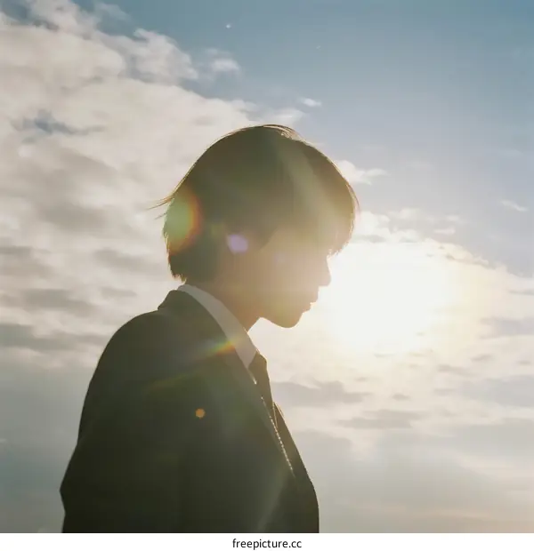 Silhouette of a person standing under the sky with sunlight