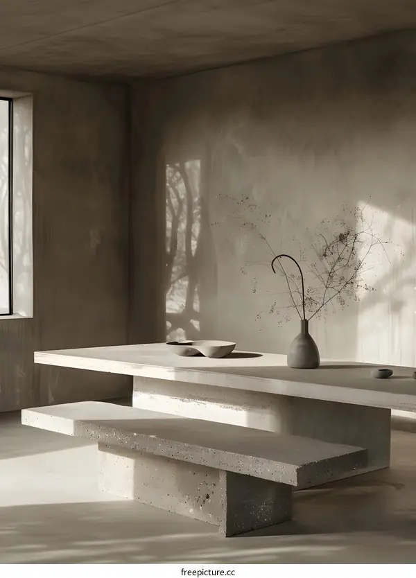 Minimalist Concrete Table And Bench Design Interior