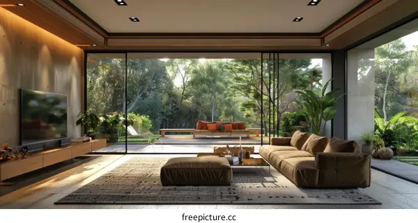 Modern Living Room Interior Design with Large Windows and Patio View