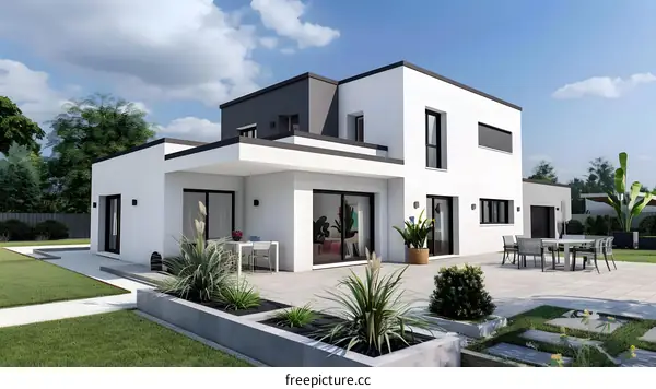 Modern White House with Green Grass and Trees in Backyard