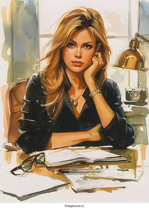 portrait of a beautiful blonde woman in a black suit sitting at a desk
