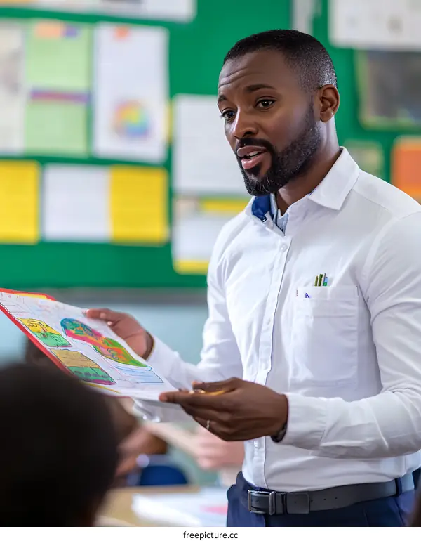 African American Teacher Showing Student Artwork in Classroom
