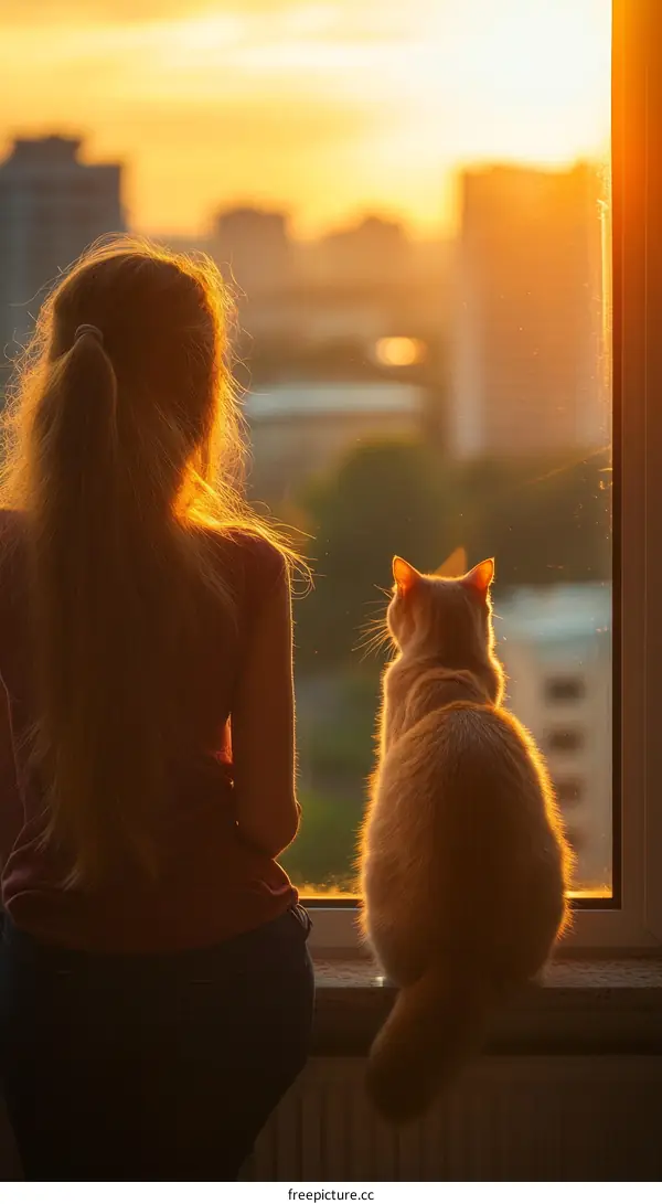 Woman and Cat Watching Sunset Cityscape