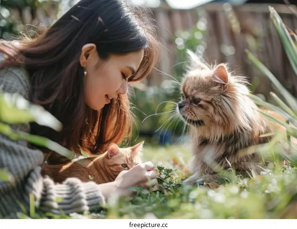 A young woman is lying on the grass with two cats