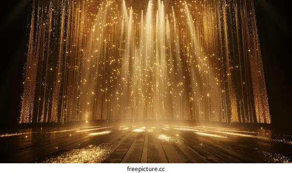 Golden particles falling on wooden floor with black background