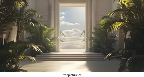 White Archway With Palm Trees and Cloudy Sky