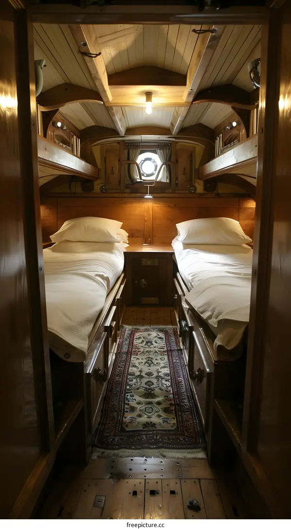 The inside of a wooden boat with two beds and a rug in the middle