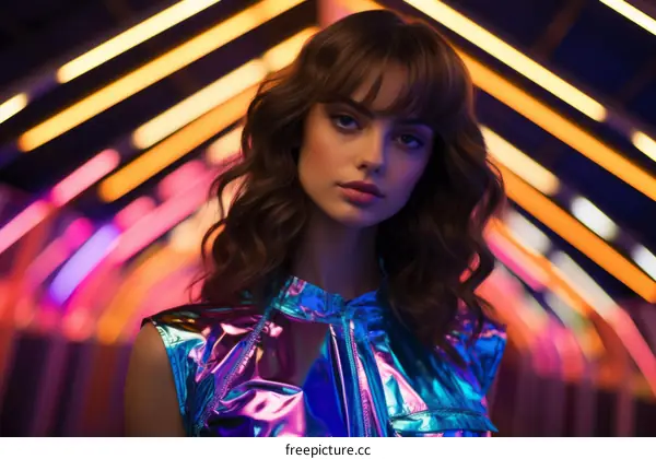 Portrait of a young woman with brown hair and blue eyes in front of a colorful neon background