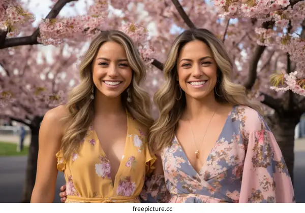 Two young women standing in a cherry blossom garden