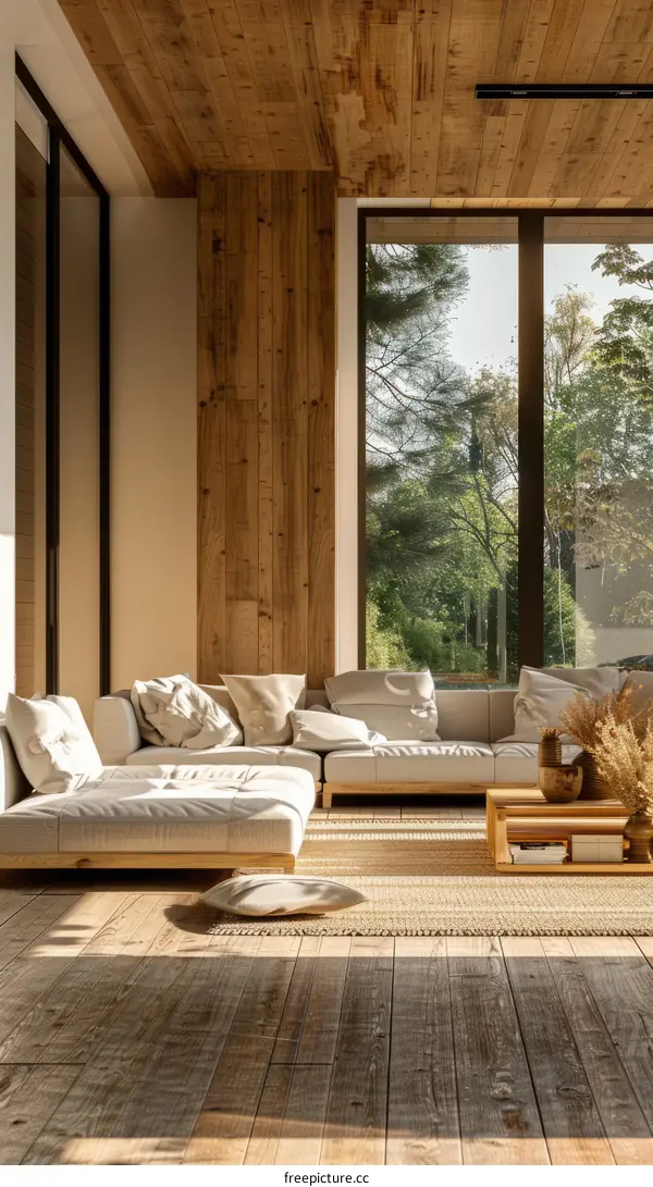 Wooden Living Room with Large Windows and Comfy Sofa