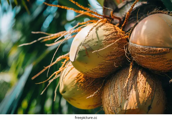A cluster of coconuts hanging from a palm tree