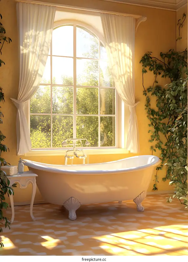 White Bathtub in a Sunlit Bathroom With Yellow Walls