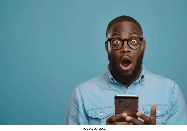 Surprised African American man using smartphone