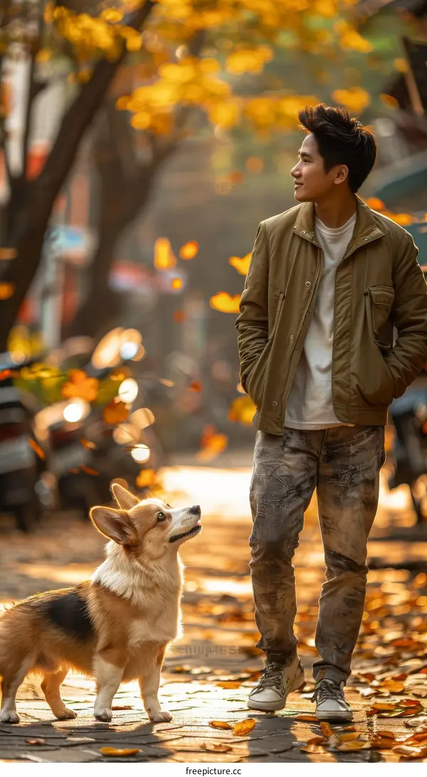 A young man and his corgi are walking on a street with fallen leaves