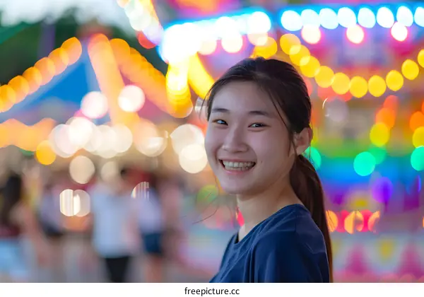 Smiling Young Woman at Amusement Park with Blurred Lights