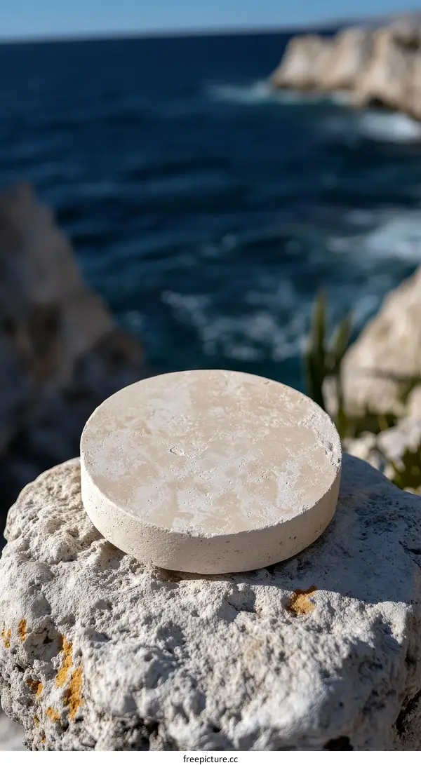 Light Beige Round Stone Platform Against Coastal Rocks