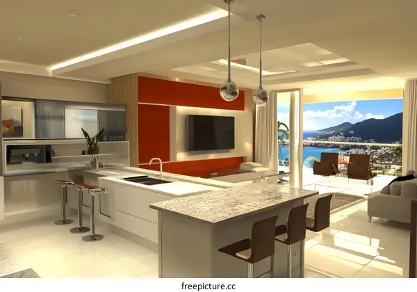 Modern Kitchen Interior Design with a View of Ocean and Mountains